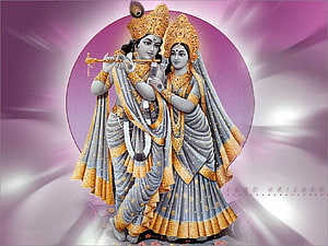 Radha Krishna Divine Couple Playing Flute in Traditional Indian Art HD wallpaper