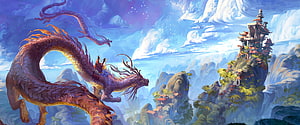 Majestic Chinese Dragon Soaring Over Misty Mountain Temples in Fantasy Landscape HD wallpaper