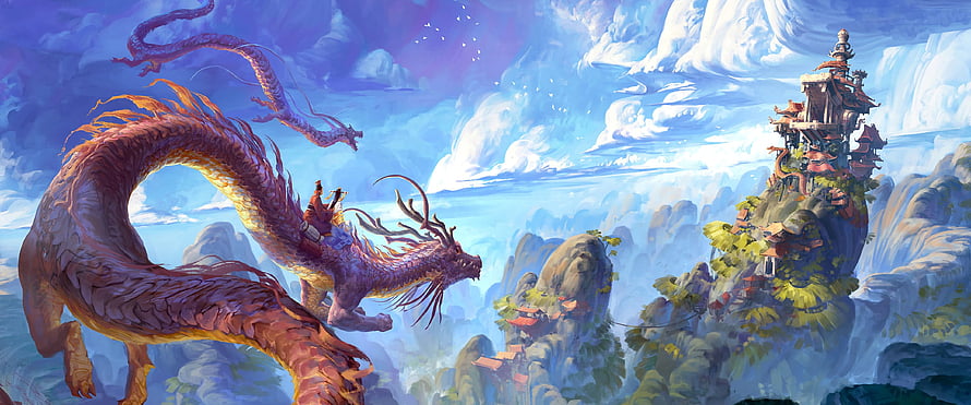 Majestic Chinese Dragon Soaring Over Misty Mountain Temples in Fantasy Landscape HD wallpaper