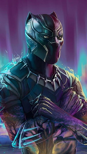 Black Panther Digital Art Portrait with Purple and Teal Energy Effects HD phone wallpaper