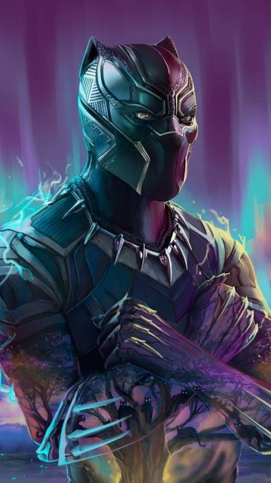 Black Panther Digital Art Portrait with Purple and Teal Energy Effects HD phone wallpaper