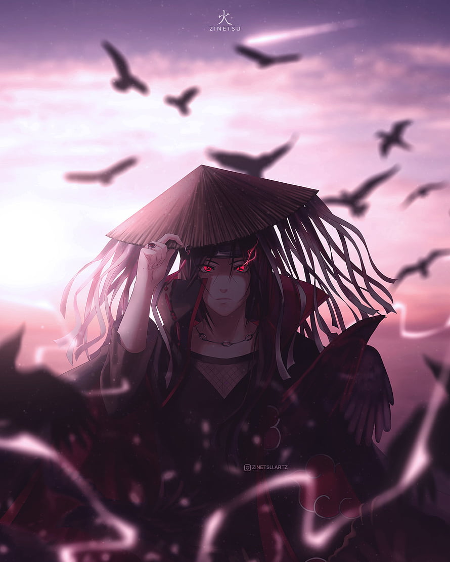 Itachi Uchiha in Akatsuki Cloak with Straw Hat and Crows at Dusk HD phone wallpaper