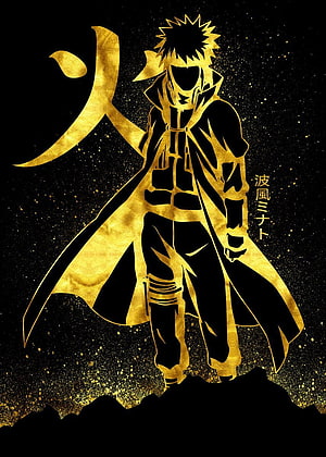 Minato Namikaze Gold Silhouette Artwork with Hidden Leaf Symbol on Black Background HD phone wallpaper