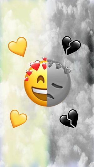 Split Screen Emoji Artwork: Joyful Heart Eyes Versus Melancholic Broken Hearts HD phone wallpaper