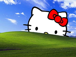 Hello Kitty Peeking Over Windows XP Bliss Green Hill Landscape HD wallpaper