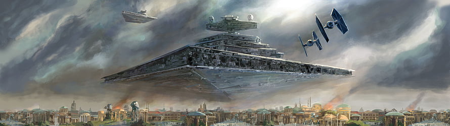 Star Wars Imperial Star Destroyer and TIE Fighters Over Naboo Cityscape Concept Art HD wallpaper