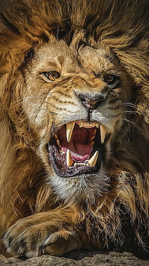 Majestic Male Lion Roaring with Open Mouth and Sharp Canine Teeth HD phone wallpaper