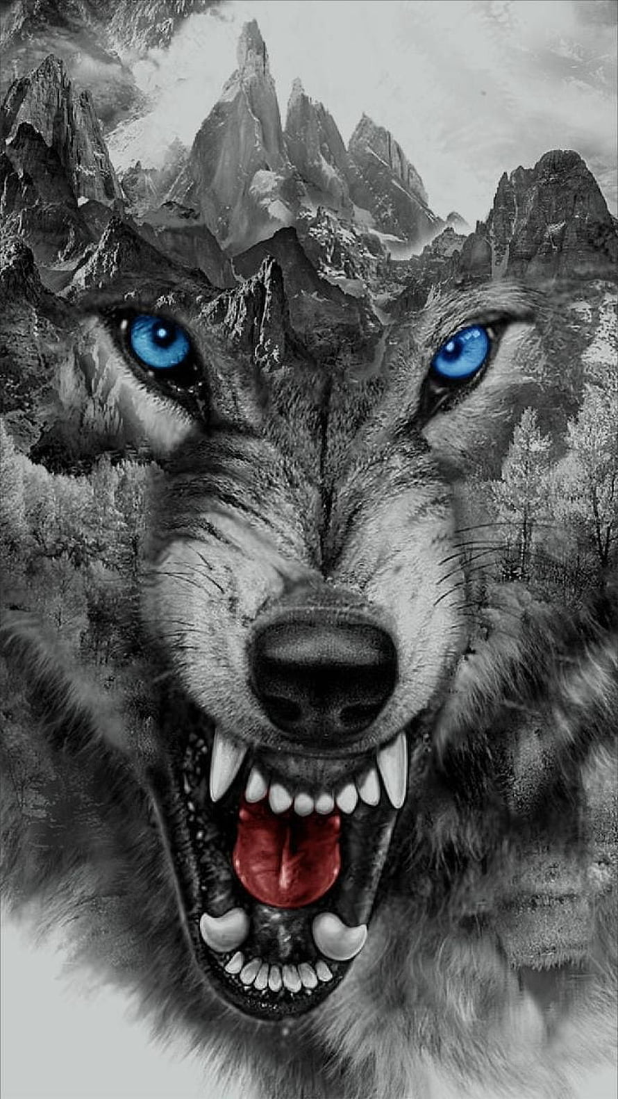 Fierce Wolf Portrait with Glowing Blue Eyes and Mountain Landscape Double Exposure HD phone wallpaper