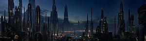 Star Wars Coruscant Cityscape at Dusk with Towering Skyscrapers and Neon Lights HD wallpaper