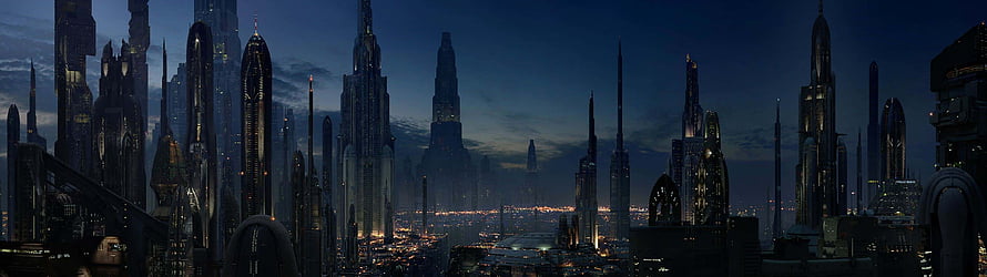 Star Wars Coruscant Cityscape at Dusk with Towering Skyscrapers and Neon Lights HD wallpaper