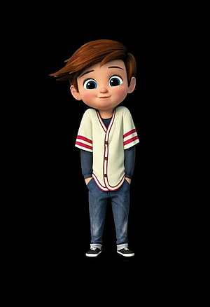 Cute 3D Animated Boy Character in Baseball Jersey and Jeans on Black Background HD phone wallpaper