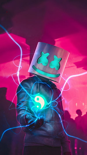 Marshmello DJ with glowing yin yang emblem and electric plasma arcs in neon pink atmosphere HD phone wallpaper
