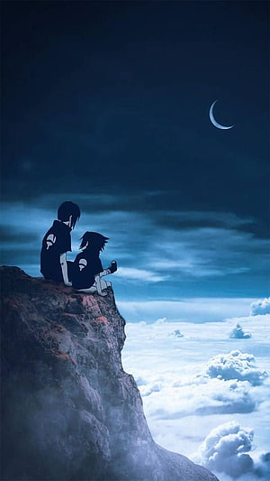 Itachi and Sasuke Uchiha Sitting on a Cliff Edge Above the Clouds at Night HD phone wallpaper