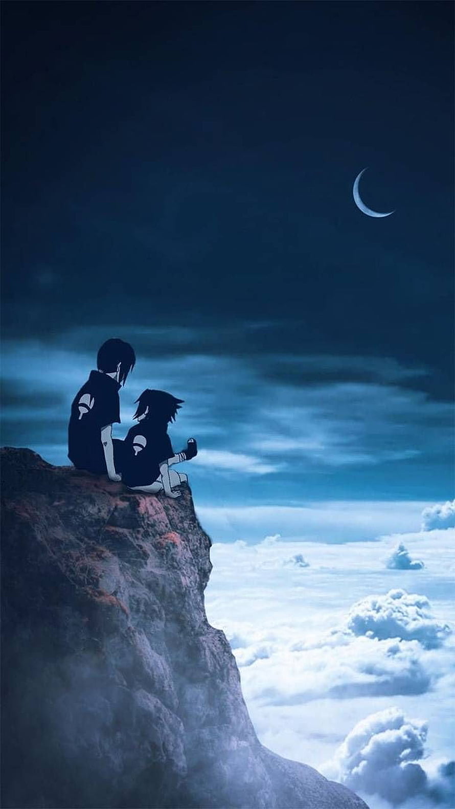 Itachi and Sasuke Uchiha Sitting on a Cliff Edge Above the Clouds at Night HD phone wallpaper