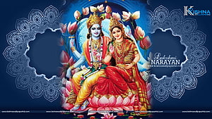 Lakshmi Narayan Divine Couple Seated on Lotus with Ornate Mandala Background HD wallpaper