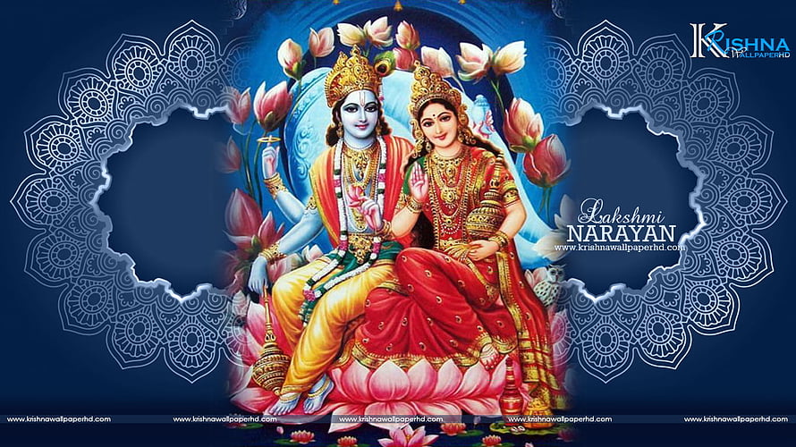 Lakshmi Narayan Divine Couple Seated on Lotus with Ornate Mandala Background HD wallpaper