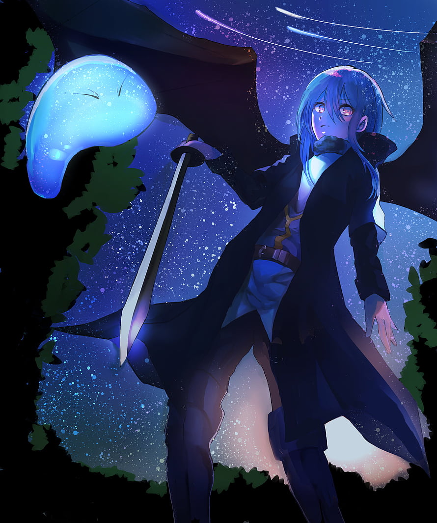 Rimuru Tempest in Human Form Holding Sword Under Starry Night Sky HD phone wallpaper
