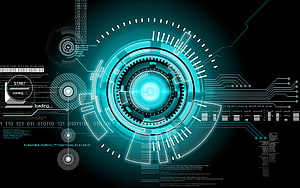 Futuristic Cyan Holographic HUD Interface with Central Circular Display and Circuit Board Elements HD wallpaper