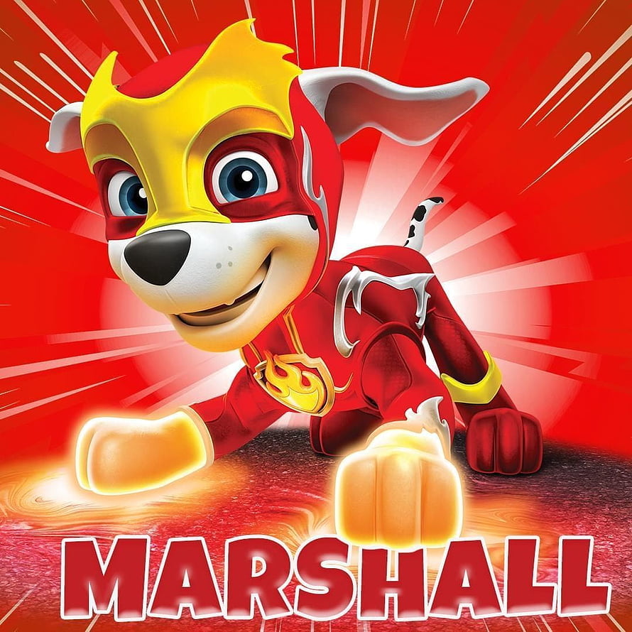 Marshall from Paw Patrol Mighty Pups in Red Firefighter Suit with Glowing Paws HD phone wallpaper