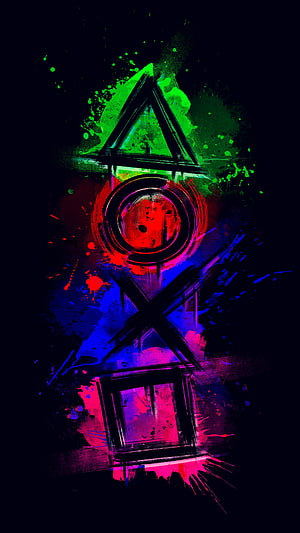 Neon Geometric Shapes with Paint Splatter on Dark Background HD phone wallpaper