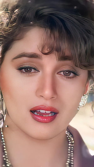 Madhuri Dixit Close-Up Portrait with Vintage Bollywood Glamour and Red Lipstick HD phone wallpaper