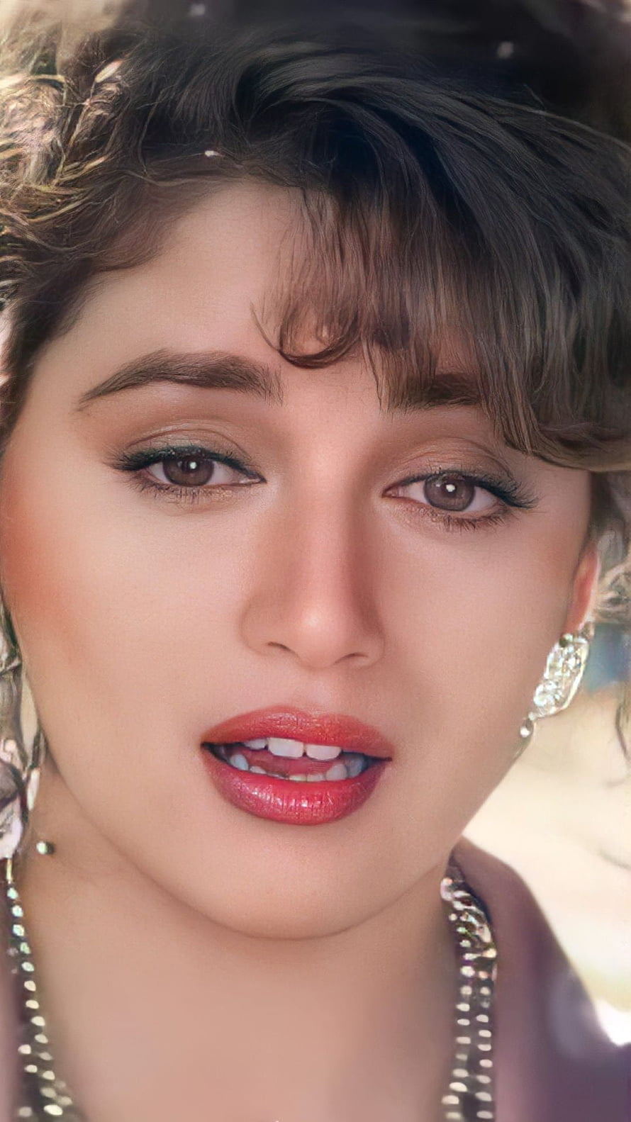 Madhuri Dixit Close-Up Portrait with Vintage Bollywood Glamour and Red Lipstick HD phone wallpaper