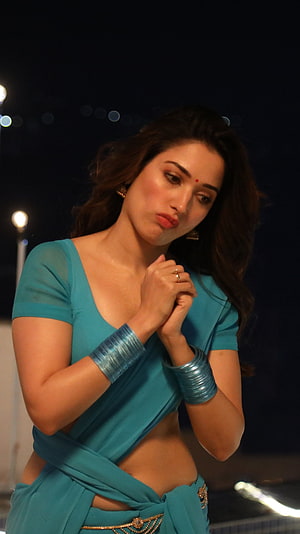 Tamanna Bhatia in a Teal Saree with Silver Bangles and Gold Jewelry HD phone wallpaper