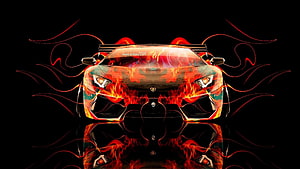 Lamborghini Aventador with fiery flame design and neon reflections on black background HD wallpaper
