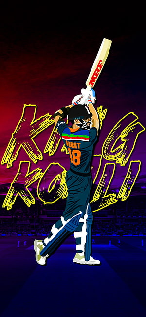 Virat Kohli Cricket Illustration with Bat Raised in Dynamic Pose HD phone wallpaper