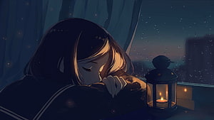 Melancholic Anime Girl Resting by Candlelight in Rainy Night Window Scene HD wallpaper