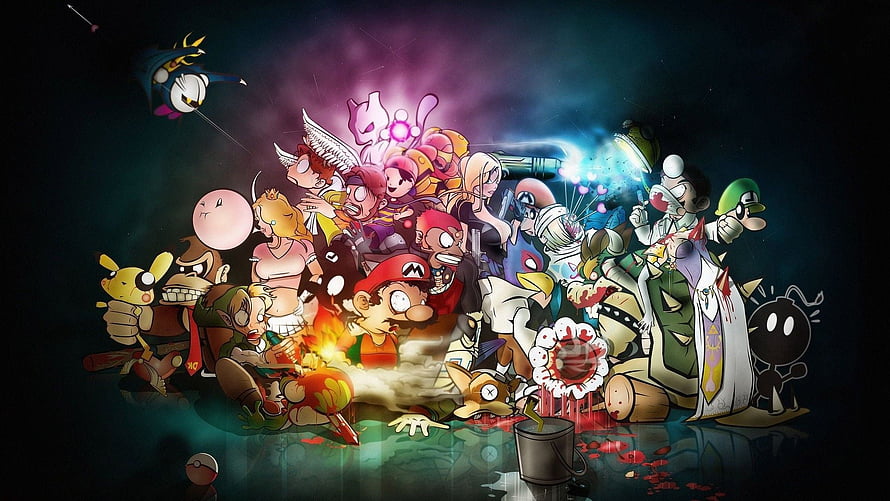 Crossover Video Game Character Group Illustration With Retro Cartoon Style HD wallpaper