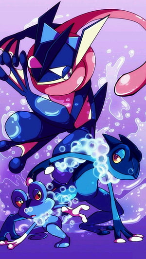Froakie, Frogadier, and Greninja Evolution Lineup in Dynamic Water Action HD phone wallpaper