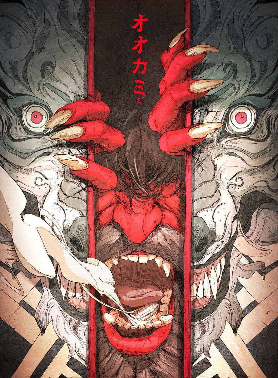 Oni Demon Mask Artwork with Red Hands and Japanese Calligraphy HD phone wallpaper