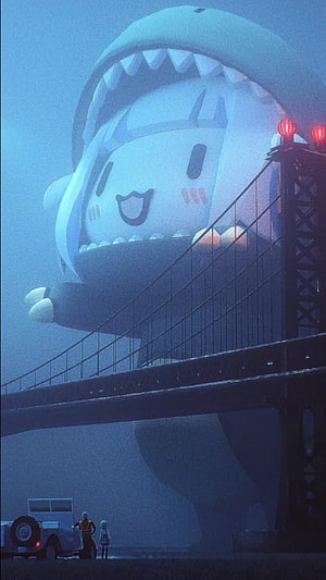 Gawr Gura Giant Shark Vtuber Emerging From Industrial Bridge Structure HD phone wallpaper