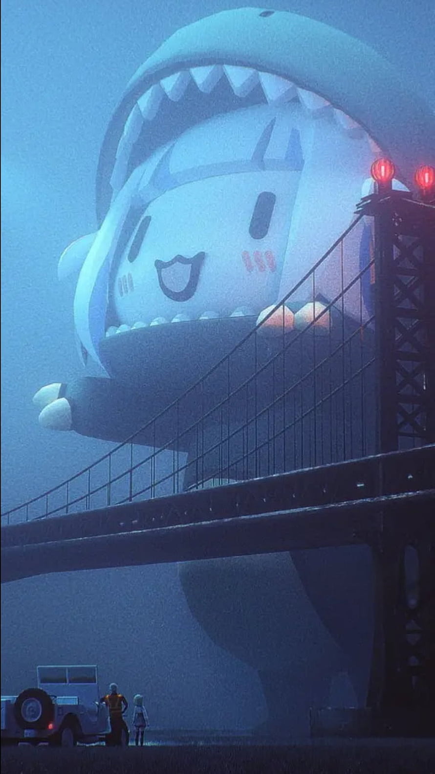 Gawr Gura Giant Shark Vtuber Emerging From Industrial Bridge Structure HD phone wallpaper
