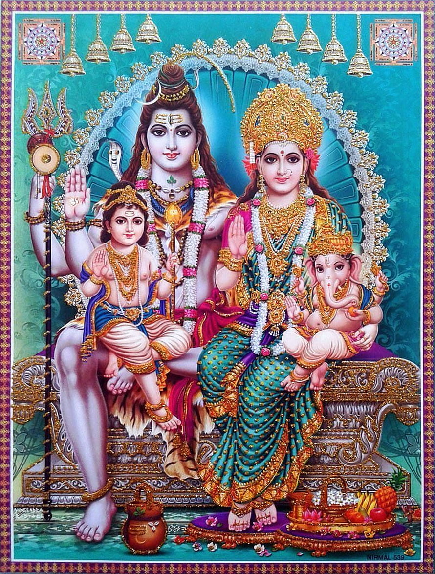 Shiva and Parvati with Ganesha and Kartikeya in Traditional Indian Deity Painting HD phone wallpaper