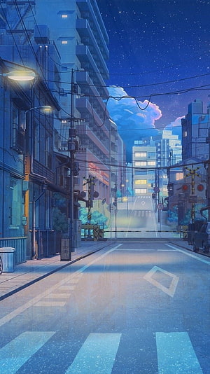 Serene Japanese City Street at Night with Starry Sky and Railway Crossing HD phone wallpaper