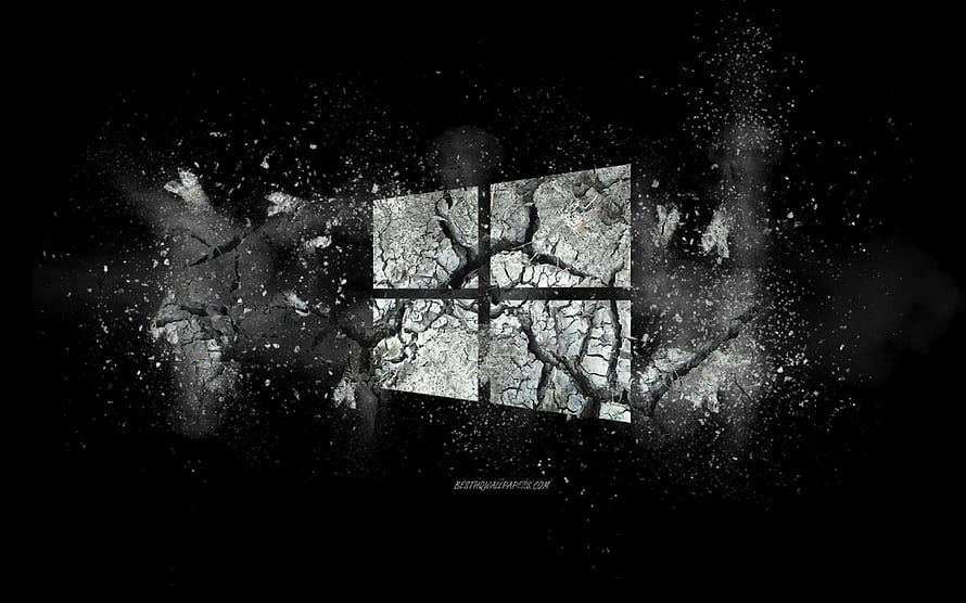 Windows 10 Logo Shattering with Cracked Stone Texture and Dark Smoke Explosion HD wallpaper