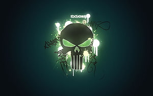 Glowing Green Skull with Graffiti Splatter on Dark Teal Background HD wallpaper