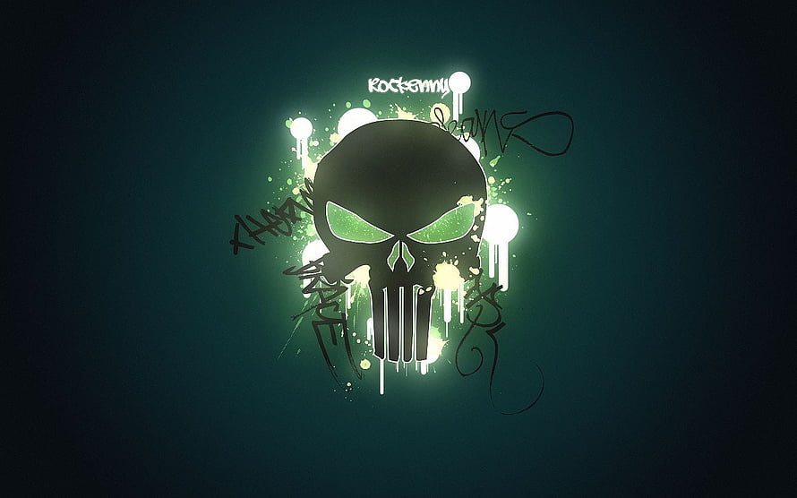 Glowing Green Skull with Graffiti Splatter on Dark Teal Background HD wallpaper