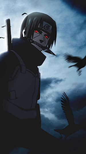 Itachi Uchiha Anime Character with Red Sharingan Eyes and Crows Against a Dark Stormy Sky HD phone wallpaper