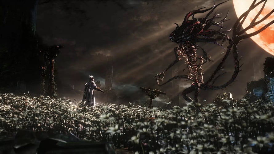 Bloodborne Hunter Confronting a Giant Moonlit Monster in a Dark Flower Field HD wallpaper