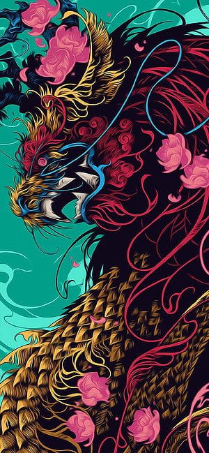 Vibrant Japanese Dragon Illustration with Pink Flowers and Teal Background HD phone wallpaper