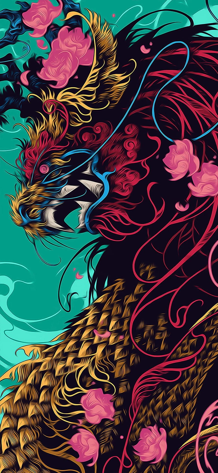 Vibrant Japanese Dragon Illustration with Pink Flowers and Teal Background HD phone wallpaper