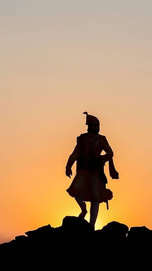 Shivaji Maharaj Statue Silhouette Against Golden Sunset Sky HD phone wallpaper