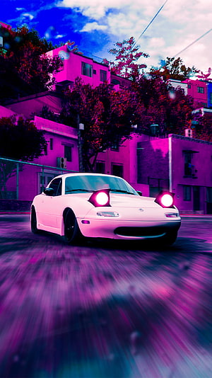Mazda Miata in Neon Pink Cyberpunk Cityscape with Motion Blur and Vibrant Street Lighting HD phone wallpaper