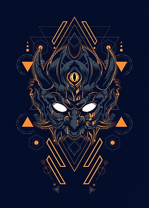 Dark Japanese Oni Mask Vector Art with Geometric Orange Accents HD phone wallpaper