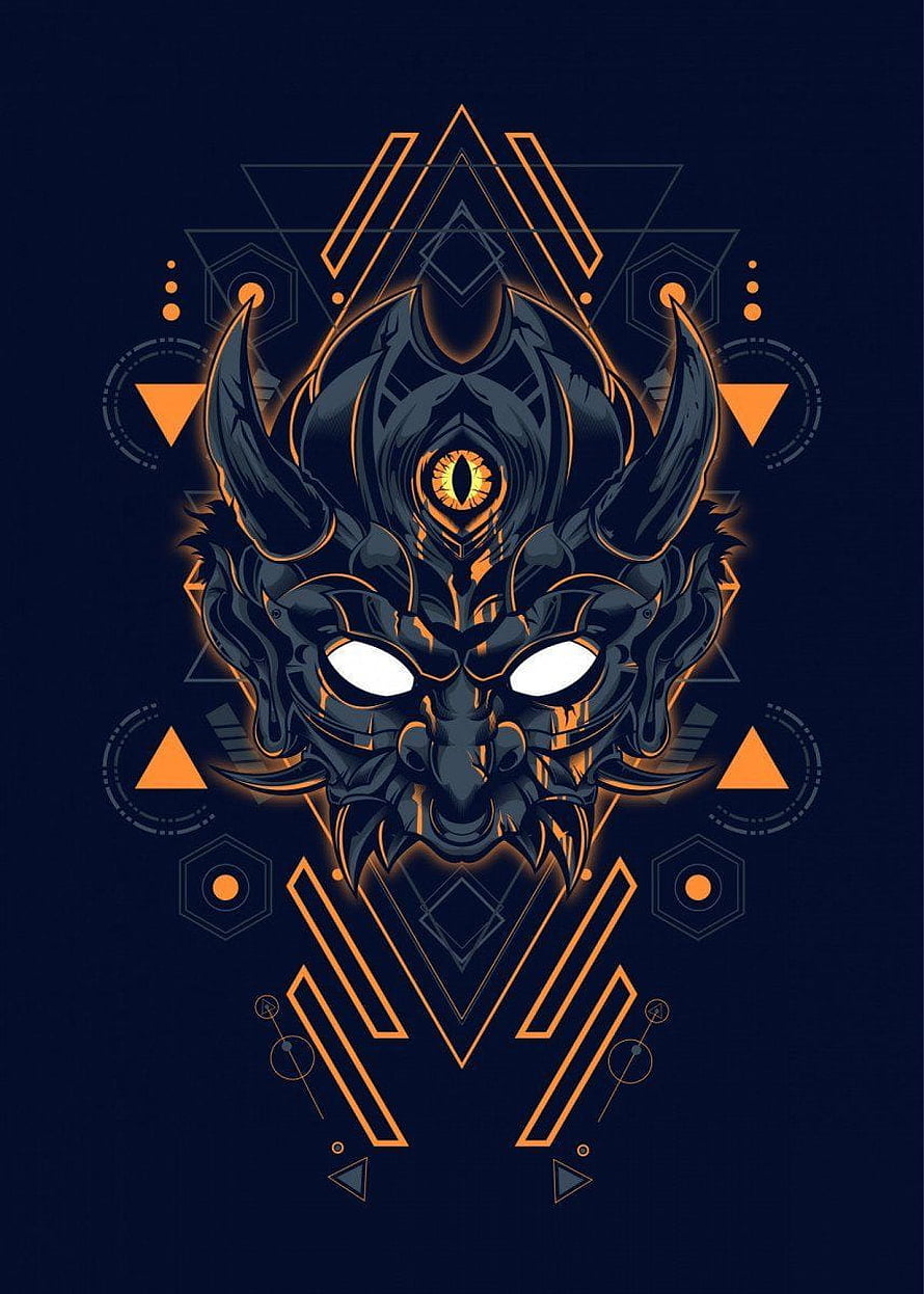 Dark Japanese Oni Mask Vector Art with Geometric Orange Accents HD phone wallpaper