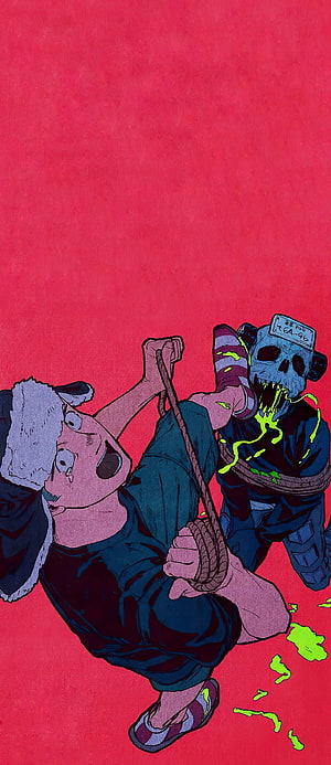 Dorohedoro Ebisu and Fujita in a violent struggle with green acid splatter on a red background HD phone wallpaper