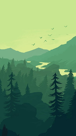 Minimalist Green Forest Landscape with Distant Mountains and Birds in Flight HD phone wallpaper
